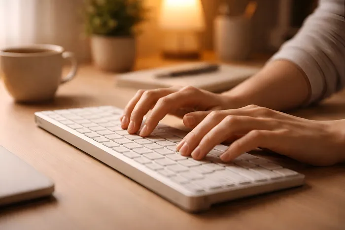 Personne écrivant sur son clavier dans une ambiance de télétravail relaxante