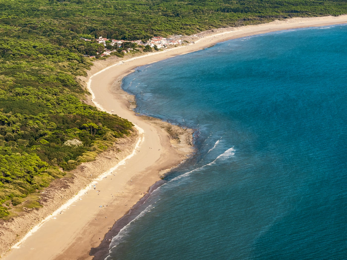 Vue aérienne de la cote Vendéenne mélangeant forêt et plage